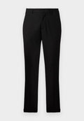 Schwarze Hose aus glattem Stoff mit geradem Bein Design. Besitzt einen Knopfverschluss, Gürtelschlaufen und keine sichtbaren Muster.