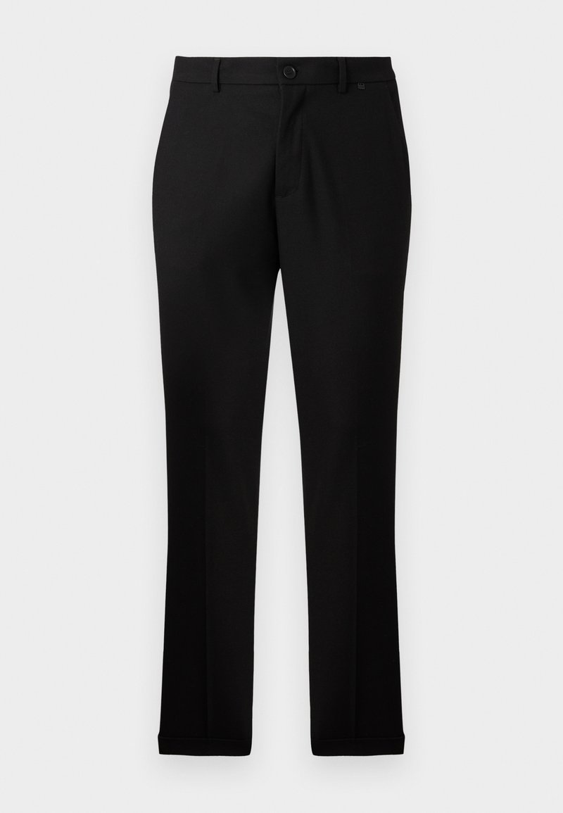 Schwarze Hose aus glattem Stoff mit geradem Bein Design. Besitzt einen Knopfverschluss, Gürtelschlaufen und keine sichtbaren Muster.
