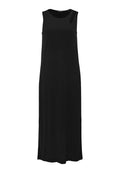 Schwarzes, ärmelloses Maxikleid aus weichem Stoff, mit rundem Halsausschnitt und seitlichem Schlitz für mehr Bewegungsfreiheit. Einfaches, lässiges Design.