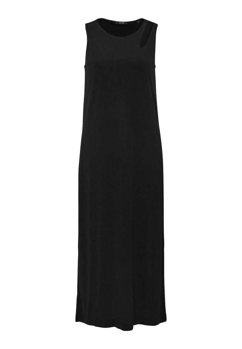 Schwarzes, ärmelloses Maxikleid aus weichem Stoff, mit rundem Halsausschnitt und seitlichem Schlitz für mehr Bewegungsfreiheit. Einfaches, lässiges Design.