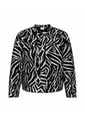 Schwarze und weiße gesteppte Jacke mit einem Zebra-Muster, ausgestattet mit einem Kragen, zwei Fronttaschen und einem lässigen Schnitt.