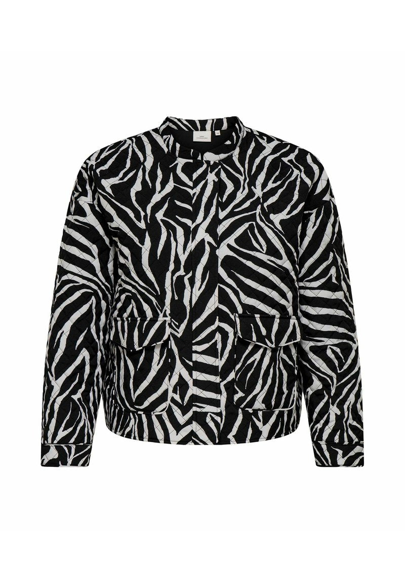 Schwarze und weiße gesteppte Jacke mit einem Zebra-Muster, ausgestattet mit einem Kragen, zwei Fronttaschen und einem lässigen Schnitt.