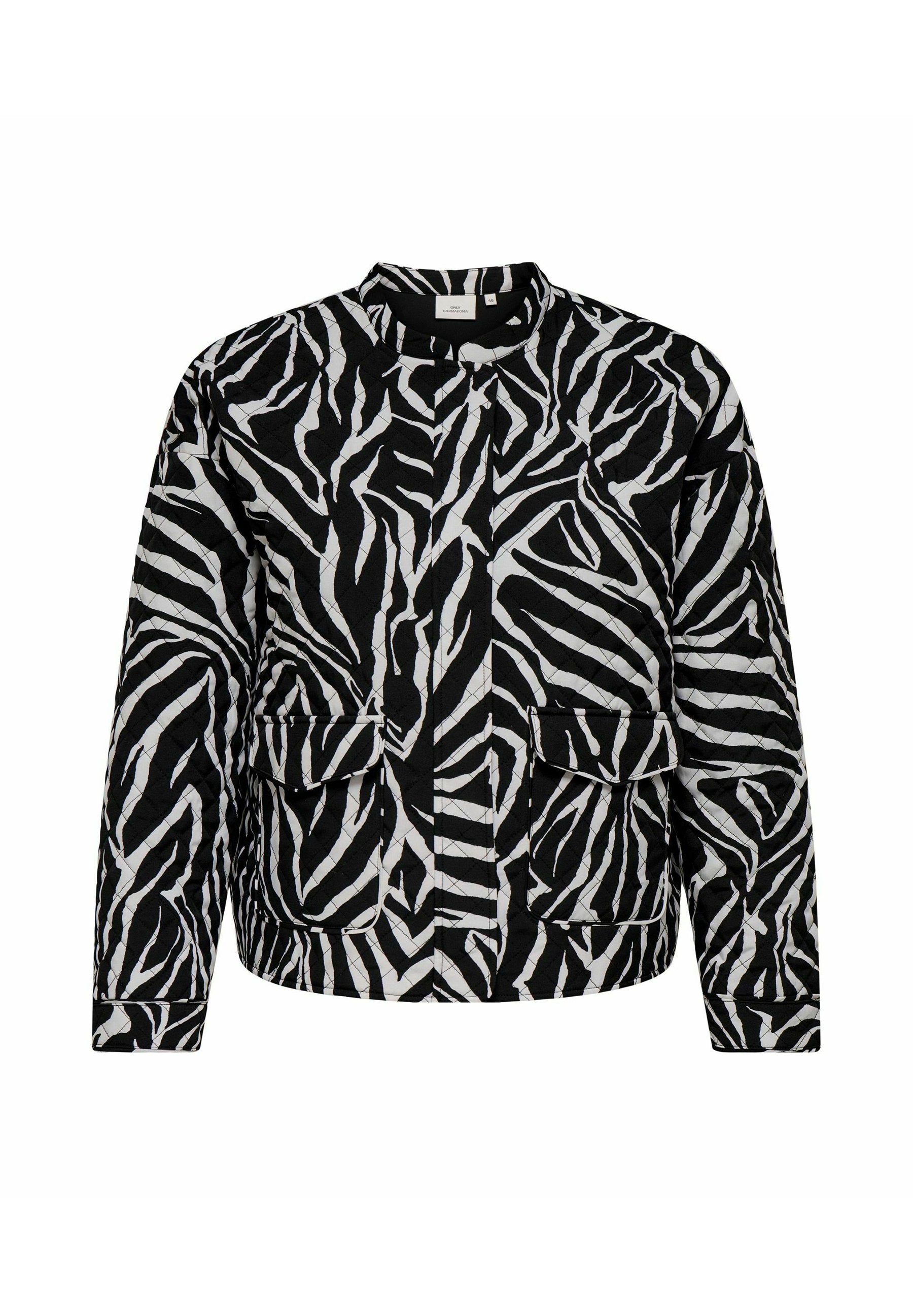 Schwarze und weiße gesteppte Jacke mit einem Zebra-Muster, ausgestattet mit einem Kragen, zwei Fronttaschen und einem lässigen Schnitt.