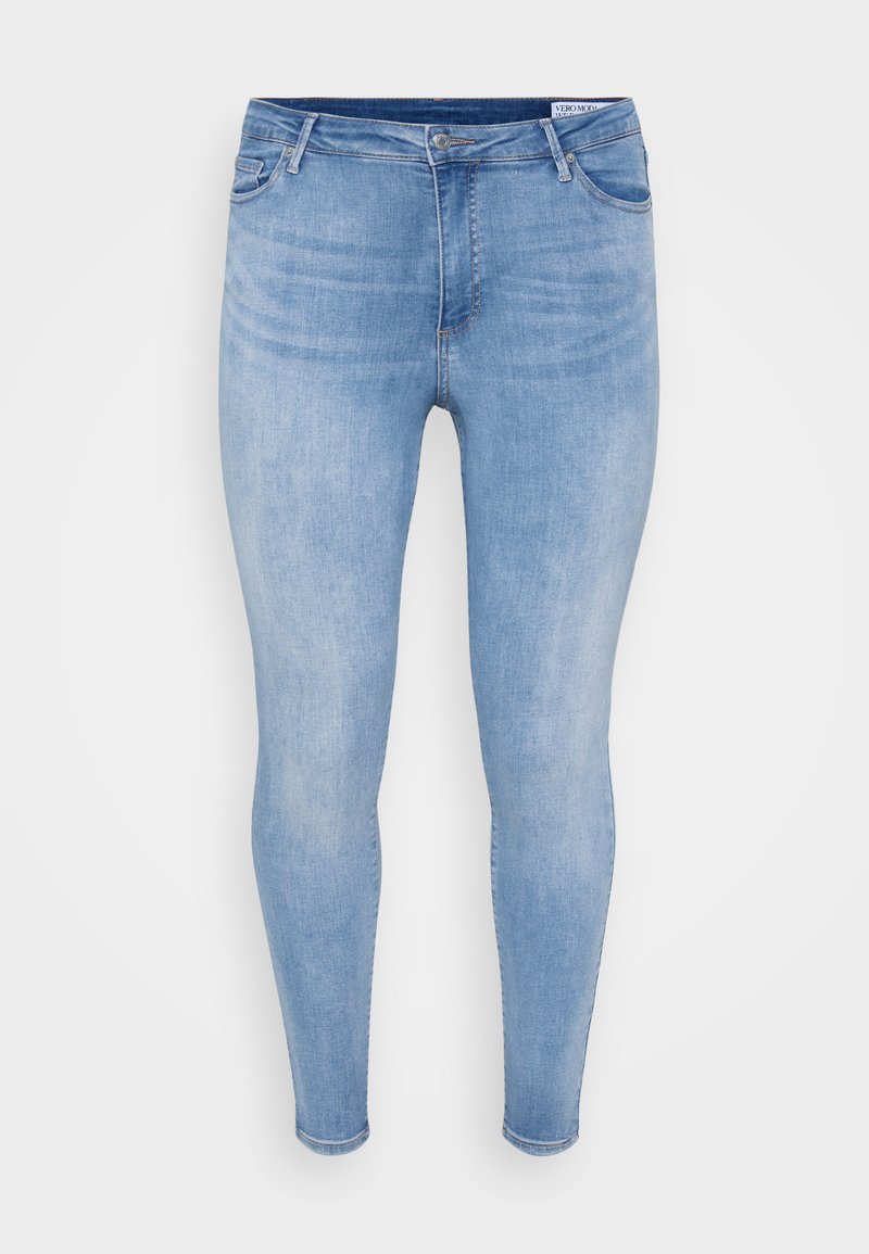 Hellblaue Denim-Skinny-Jeans mit glatter Textur, fünf Taschen-Design und metallischem Knopfverschluss. Eng anliegend an Beinen und Knöcheln.