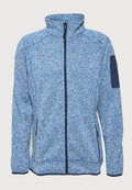 Blau gesprenkelte Fleecejacke mit Reißverschluss, hohem Kragen, Reißverschlusstaschen vorne und am linken Ärmel sowie marineblauen Besätzen.