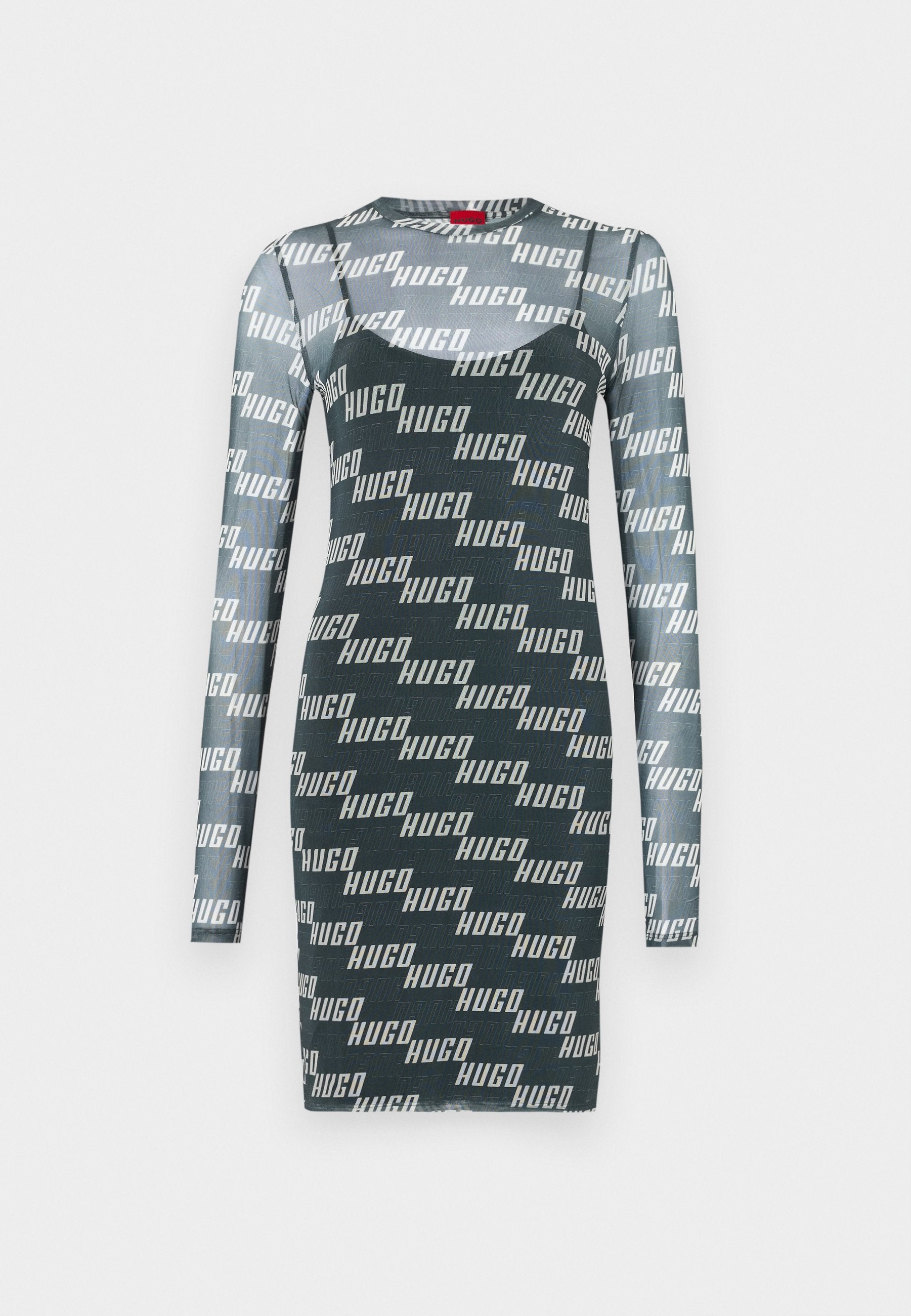 Langärmliges Kleid in Dunkelgrün mit einem sich wiederholenden weißen "HUGO"-Logo-Muster. Hergestellt aus formschlüssigem, dehnbarem Stoff mit Rundhalsausschnitt.