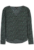 Schwarze Bluse mit langen Ärmeln, V-Ausschnitt, grün-weißer abstrakter Musterung, weichem Stoff und leicht gerafften Schultern.
