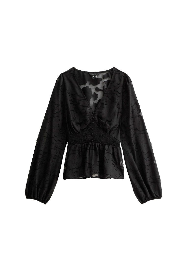 Schwarze Bluse mit langen Ärmeln und V-Ausschnitt, strukturierter Blumenmuster, mit Stoff bezogenen Knöpfen, geraffter Taille und Schößchen-Saum.