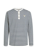 Langärmliges gestreiftes Hemd in Marineblau und Weiß mit Henley-Ausschnitt und drei Knöpfen sowie einem kleinen Logodetail auf der Brust.
