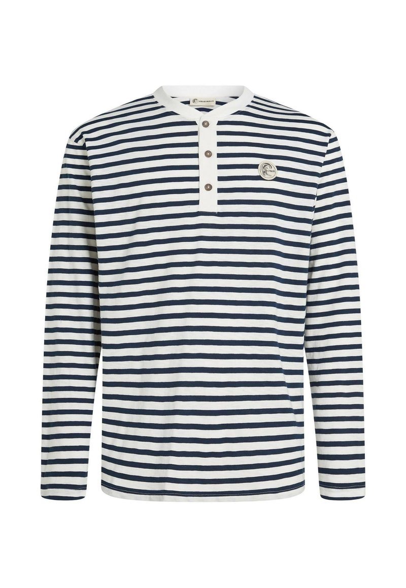 Langärmliges gestreiftes Hemd in Marineblau und Weiß mit Henley-Ausschnitt und drei Knöpfen sowie einem kleinen Logodetail auf der Brust.