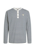 Langärmliges gestreiftes Hemd in Marineblau und Weiß mit Henley-Ausschnitt und drei Knöpfen sowie einem kleinen Logodetail auf der Brust.