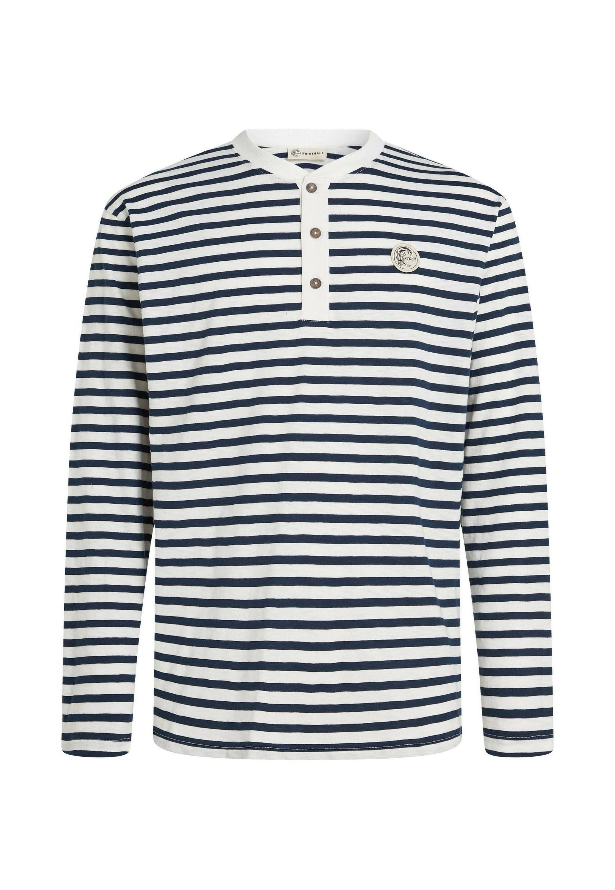 Langärmliges gestreiftes Hemd in Marineblau und Weiß mit Henley-Ausschnitt und drei Knöpfen sowie einem kleinen Logodetail auf der Brust.