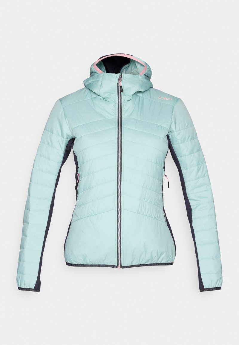 Hellblaue Damen-Steppjacke mit Kapuze, Frontreißverschluss, Seitentaschen und dunklen Einsätzen an Ärmeln und Seiten.