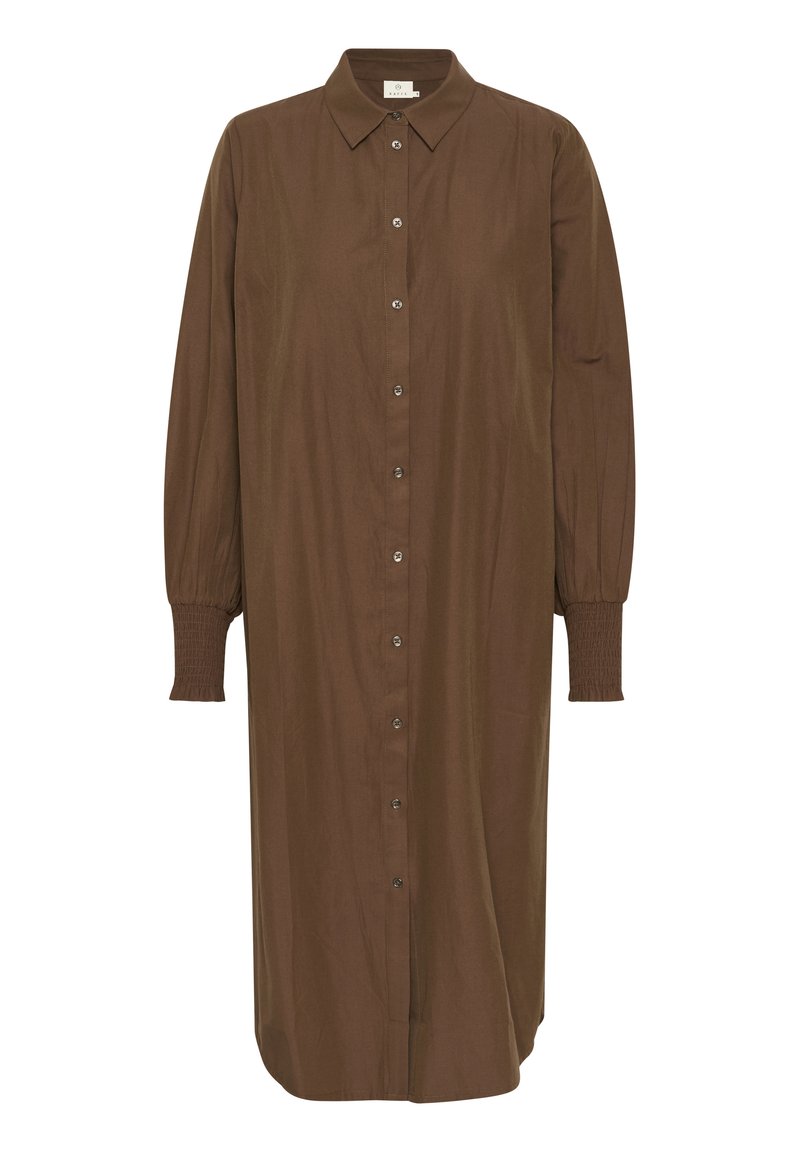 Braunes Hemdkleid mit einem spitzen Kragen, langen Ärmeln und elastischen Bündchen. Aus einem glatten Stoff gefertigt, bietet es eine lockere Passform und einen knielangen Saum.