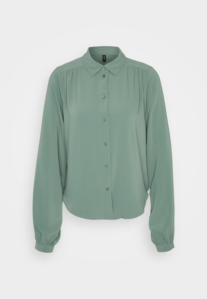 Helles grünes, langärmeliges Blusenshirt mit durchgehender Knopfleiste, Kragen, gerafften Details an den Schultern und elastischen Bündchen. Geschmeidige Stoffoberfläche.