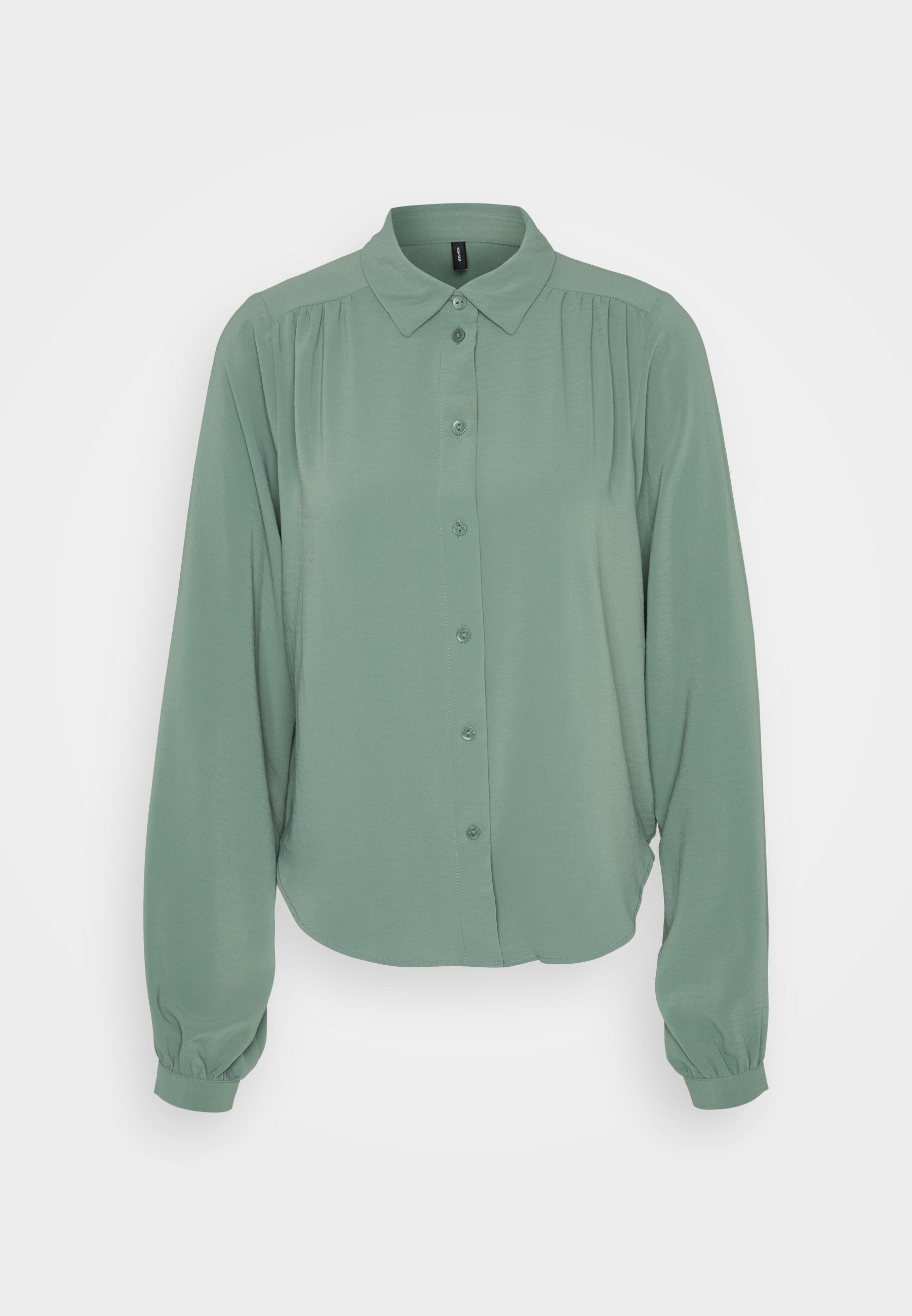 Helles grünes, langärmeliges Blusenshirt mit durchgehender Knopfleiste, Kragen, gerafften Details an den Schultern und elastischen Bündchen. Geschmeidige Stoffoberfläche.