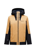 Wasserdichte Jacke in Gelb und Schwarz mit Reißverschluss vorne, verstellbarer Kapuze und kontrastierenden Farbfeldern für ein modernes Design.