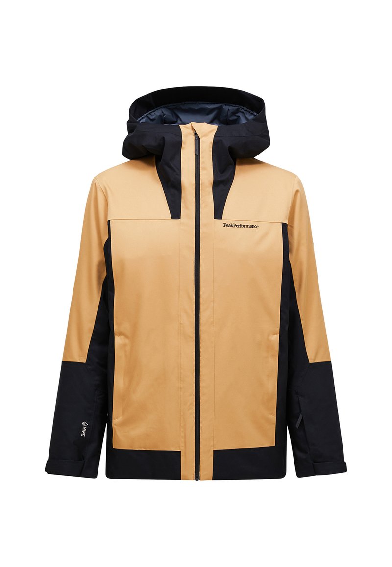 Wasserdichte Jacke in Gelb und Schwarz mit Reißverschluss vorne, verstellbarer Kapuze und kontrastierenden Farbfeldern für ein modernes Design.