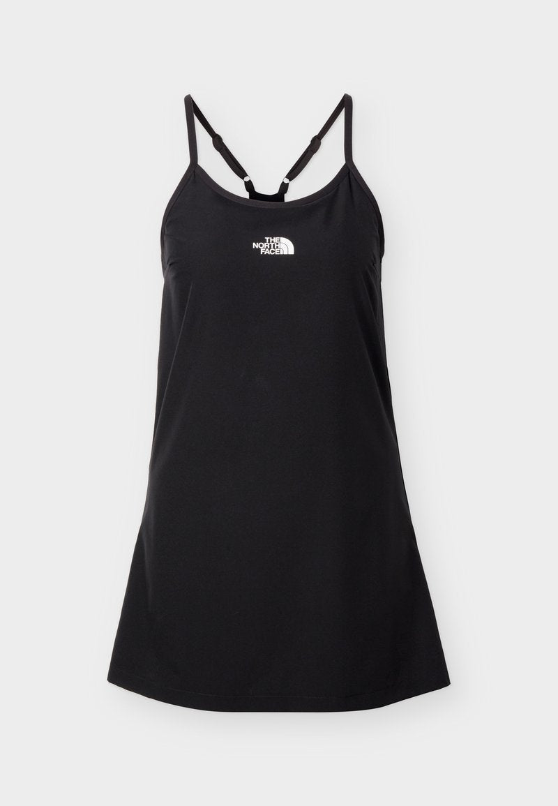 Schwarzes ärmelloses Kleid mit dünnen verstellbaren Trägern und weißem The North Face Logo mittig auf der Brust.