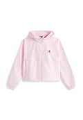 Hellrosa Kapuzenjacke mit durchgehendem Reißverschluss, elastischen Bündchen, zwei Fronttaschen und kleinem rechteckigem Logo auf der Brust.