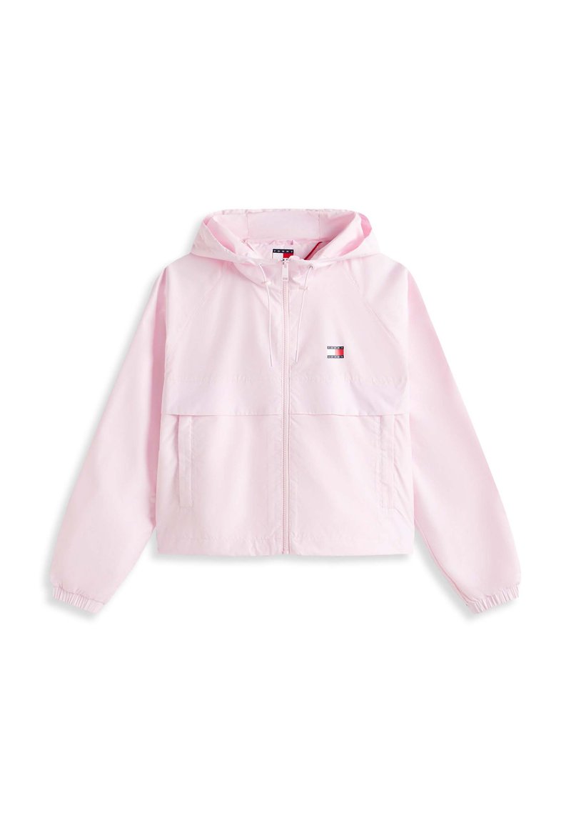 Hellrosa Kapuzenjacke mit durchgehendem Reißverschluss, elastischen Bündchen, zwei Fronttaschen und kleinem rechteckigem Logo auf der Brust.