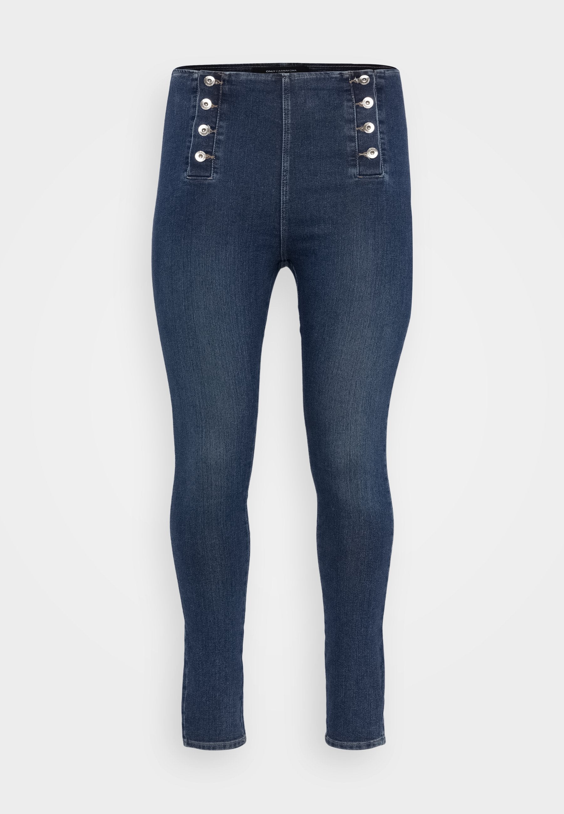 Hoch geschnittene, dunkelblaue Jeans aus Denim mit Knopfdetail auf der Vorderseite. Enganliegendes Design mit glatter Textur und leichtem Stretch.