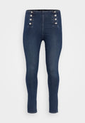 Hoch geschnittene, dunkelblaue Jeans aus Denim mit Knopfdetail auf der Vorderseite. Enganliegendes Design mit glatter Textur und leichtem Stretch.