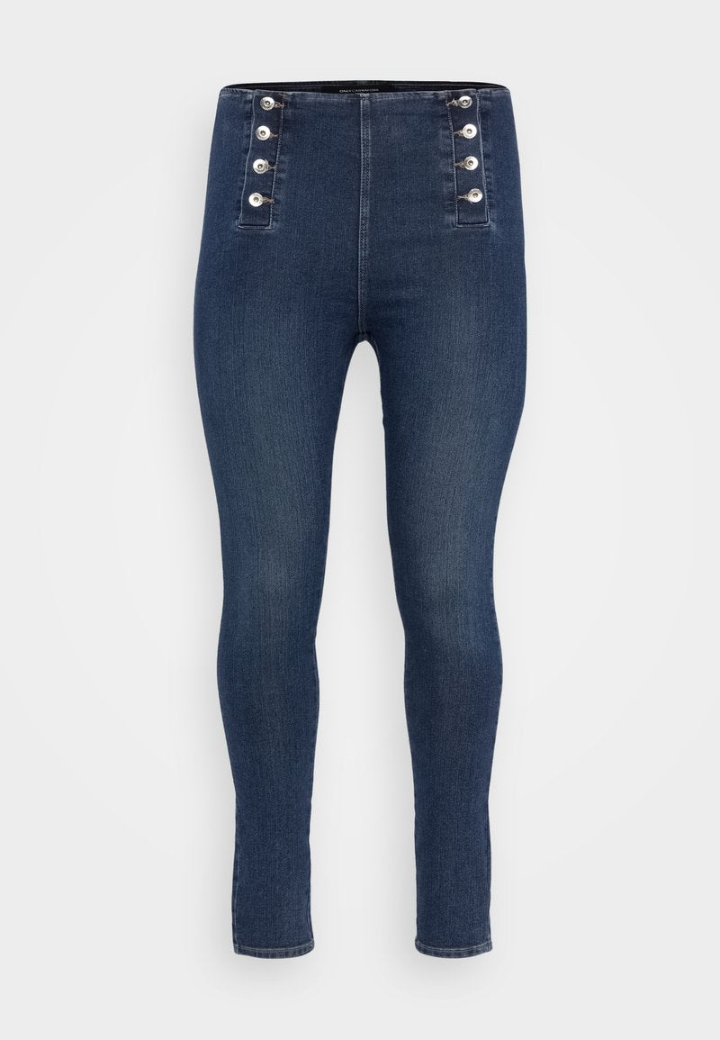 Hoch geschnittene, dunkelblaue Jeans aus Denim mit Knopfdetail auf der Vorderseite. Enganliegendes Design mit glatter Textur und leichtem Stretch.