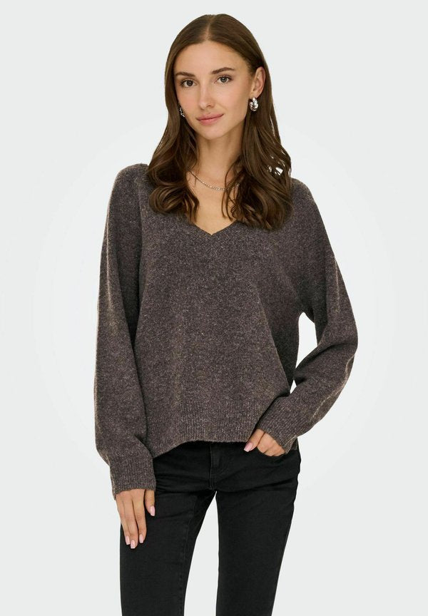 ONLY ONLRENE LS V-NECK REVERSIBEL KNT NOOS - Jumper - chocolate torte