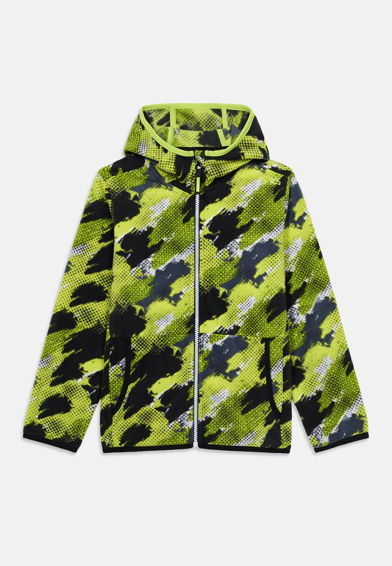 Leuchtend bunte Jacke mit einem abstrakten Muster in Schwarz, Grün und Grau, aus leichtem Stoff gefertigt, mit Kapuze und Fronttaschen.