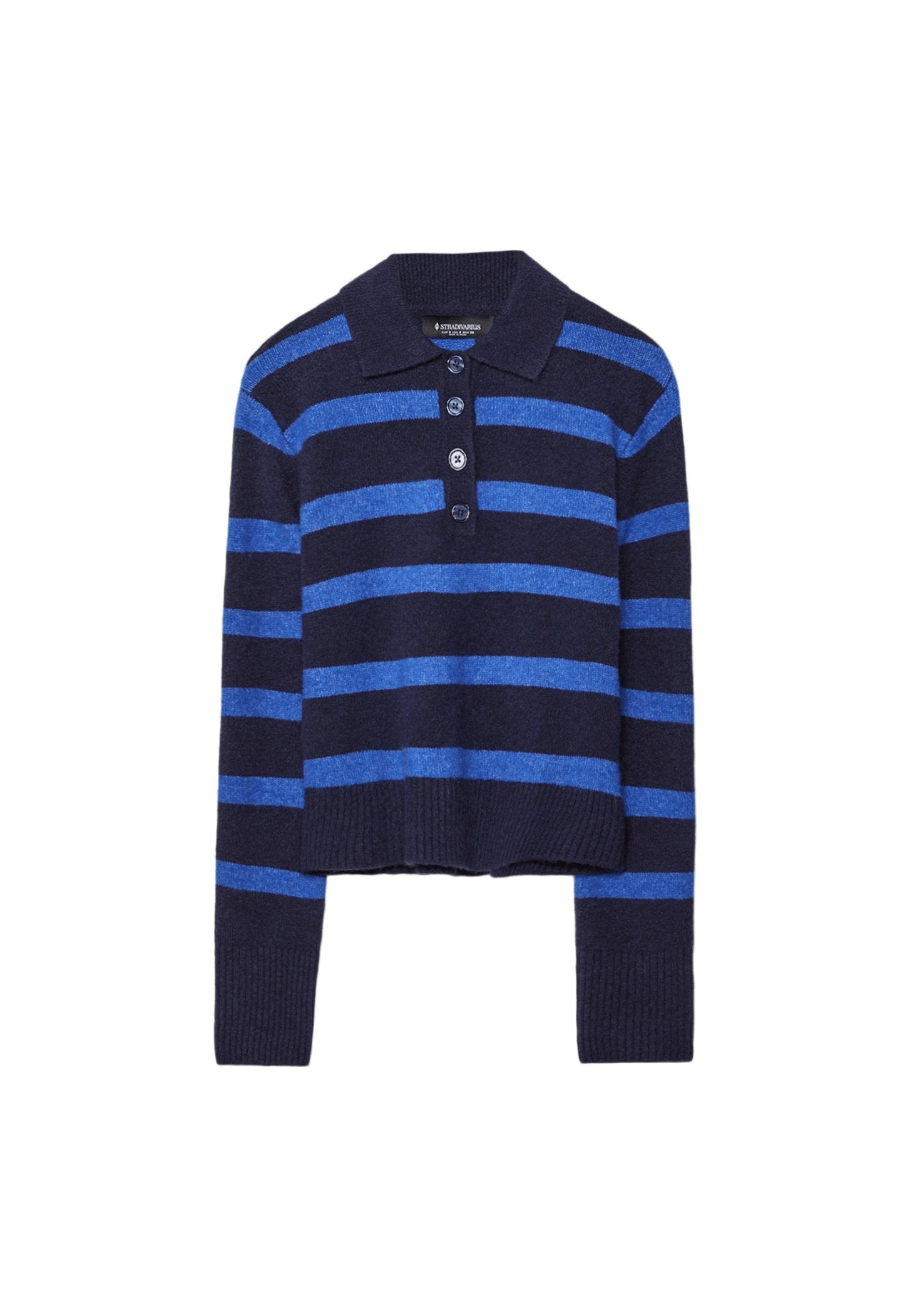 Marineblauer, kurz geschnittener Pullover mit horizontalen leuchtend blauen Streifen, Polokragen, Vier-Knopf-Leiste und gerippten Bündchen. Weiche Textur.