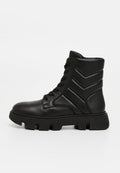 Schwarze Knöchelboots aus glattem Leder mit strukturiertem, dicker Zickzack-Textur am Schaft, Schnürverschluss und einer klobigen, gerillten Sohle.