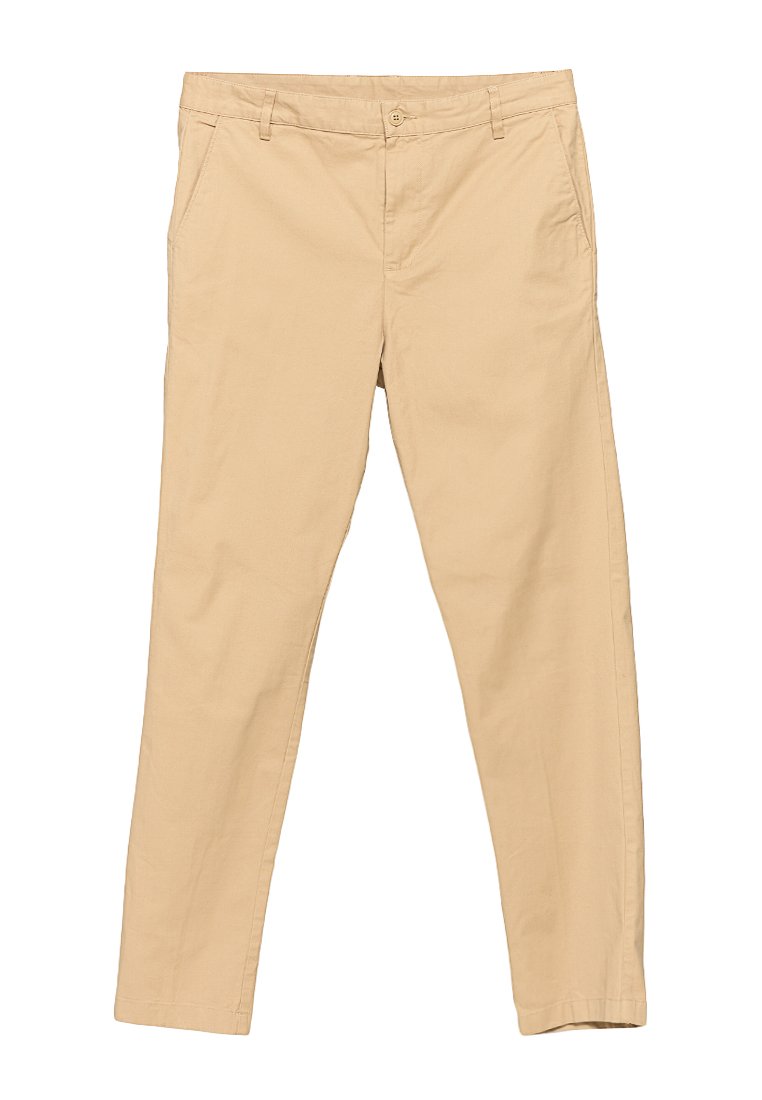 Beige Chinos mit slim Fit, flacher Vorderseite, Gürtelschlaufen, zwei seitlichen Taschen und einem Reißverschluss mit Knopfverschluss.