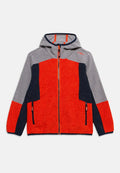 Kapuzensweatjacke mit Reißverschluss, in Grau, Rot und Marineblau gefärbt, mit zwei vorderen Reißverschlusstaschen, für legere Freizeitkleidung konzipiert.