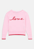Rosa Strickpullover mit rotem "Love"-Schriftzug auf der Brust, mit rotem Rippbund am Saum und an den Bündchen. Weiche Textur und Rundhalsausschnitt.