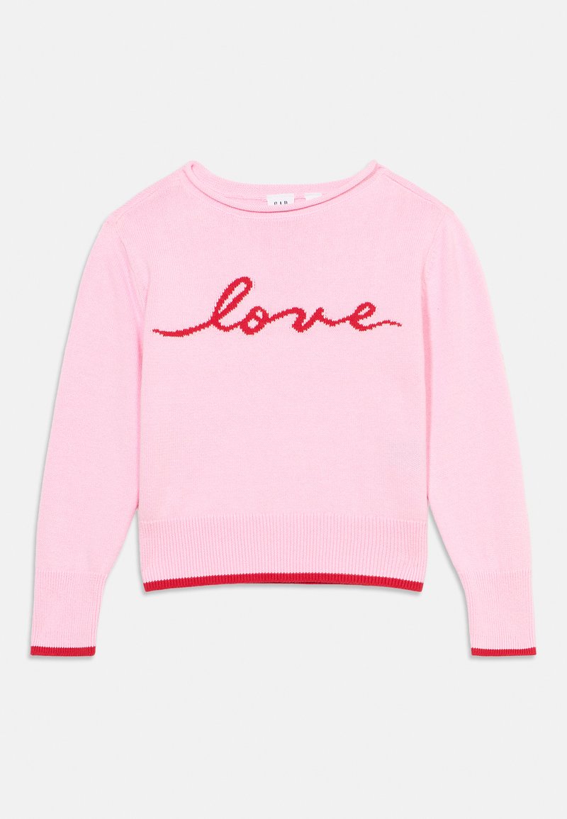 Rosa Strickpullover mit rotem "Love"-Schriftzug auf der Brust, mit rotem Rippbund am Saum und an den Bündchen. Weiche Textur und Rundhalsausschnitt.