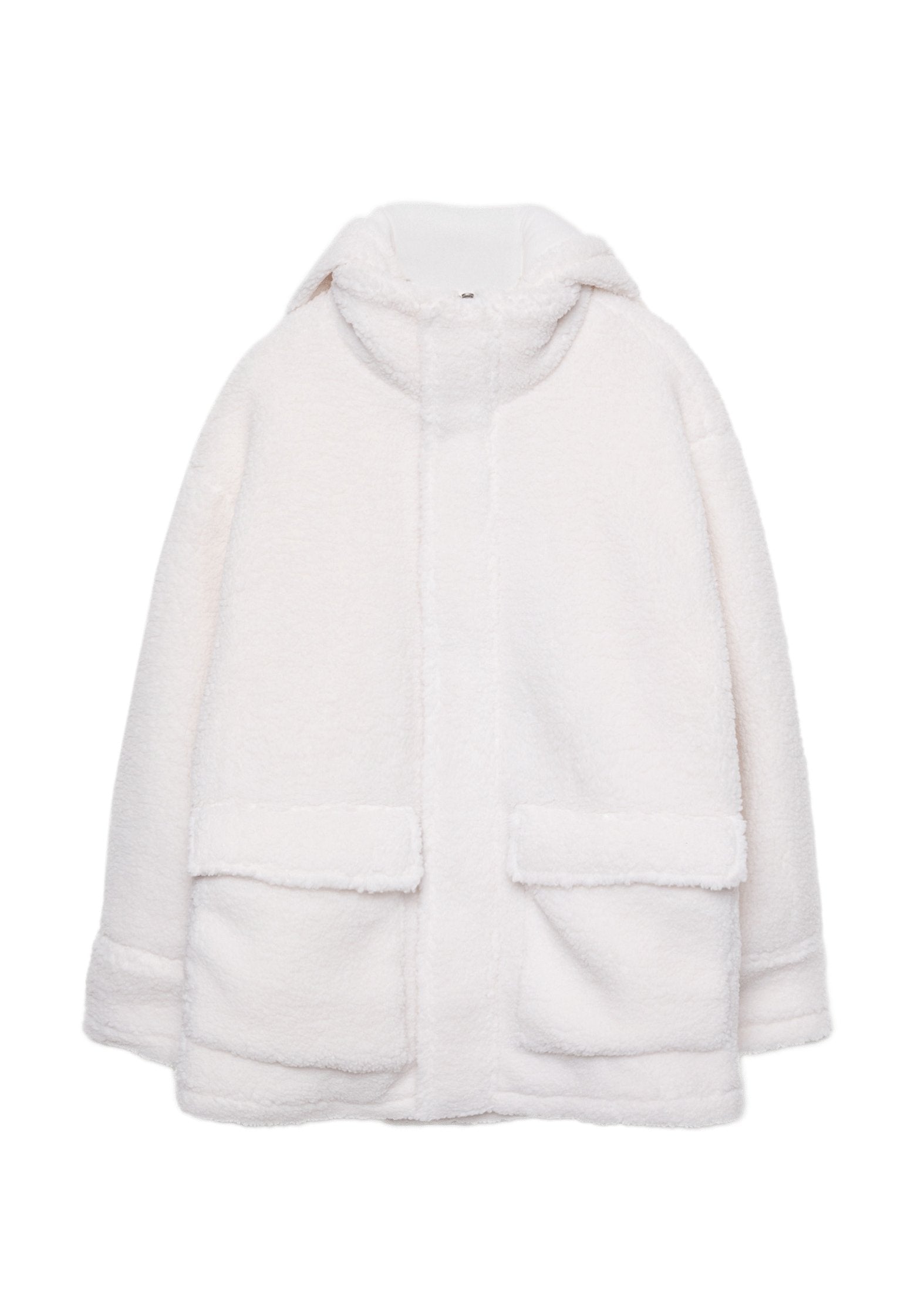 Weiße Fleecejacke mit hohem Kragen, langen Ärmeln und zwei großen Klapptaschen vorne, auf einem weißen Hintergrund gezeigt.