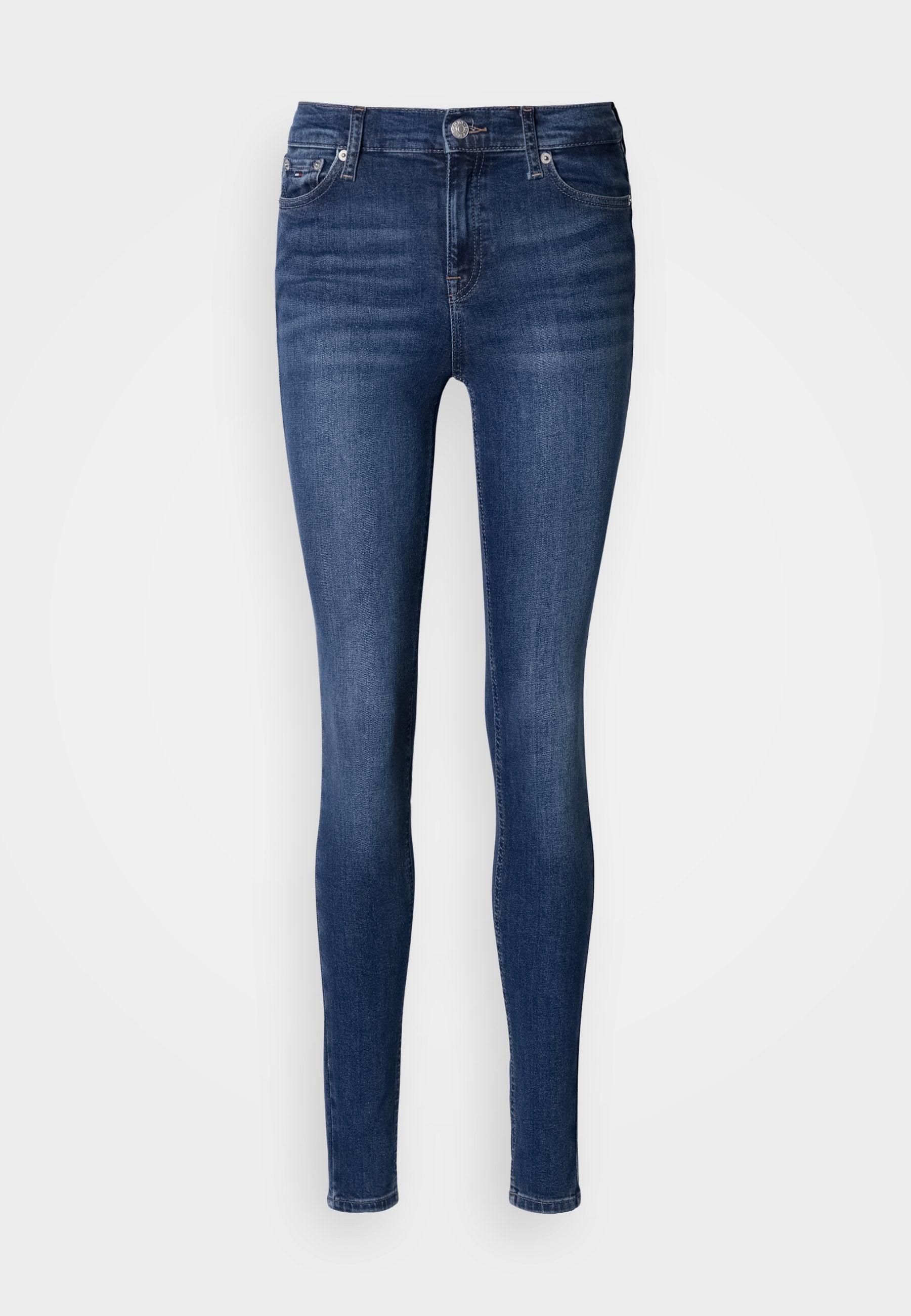 Eng anliegende Jeans aus dunkelblauem Denim mit mittelhohem Taillenbund, Fünf-Taschen-Design und dezenten Waschungen vorne und hinten.