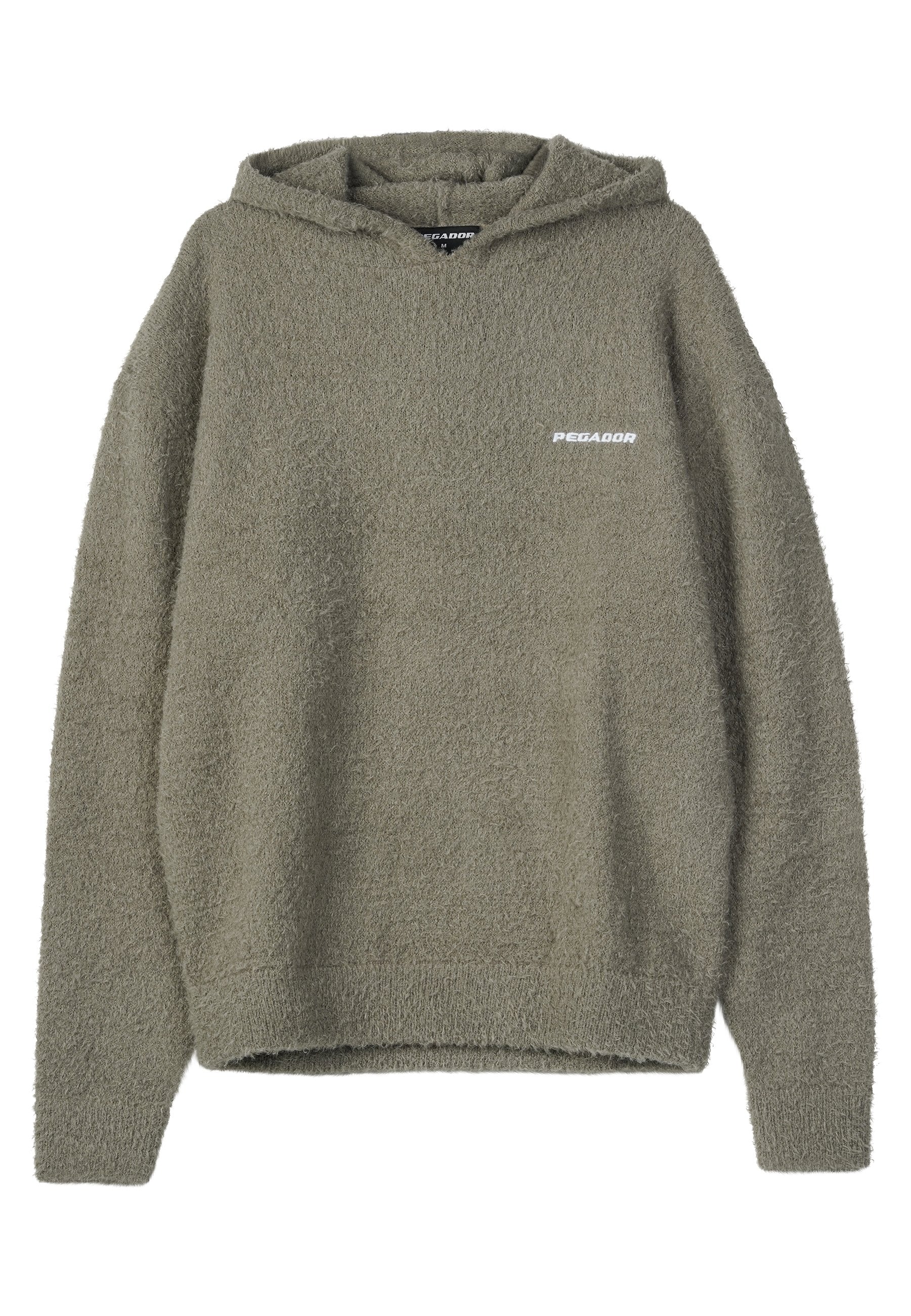Olivgrüne Kapuzenjacke aus strukturiertem, flauschigem Material, mit einer Fronttasche und einem kleinen weißen "PEGADOR"-Logo auf der Brust.