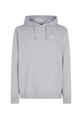 Grauer Kapuzenpullover aus weichem Stoff, mit verstellbarem Kapuzenzug, langen Ärmeln und einem kleinen weißen Logo auf der Brust. Schlichtes, lässiges Design.