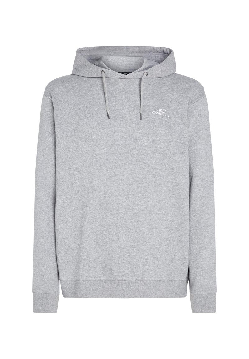 Grauer Kapuzenpullover aus weichem Stoff, mit verstellbarem Kapuzenzug, langen Ärmeln und einem kleinen weißen Logo auf der Brust. Schlichtes, lässiges Design.