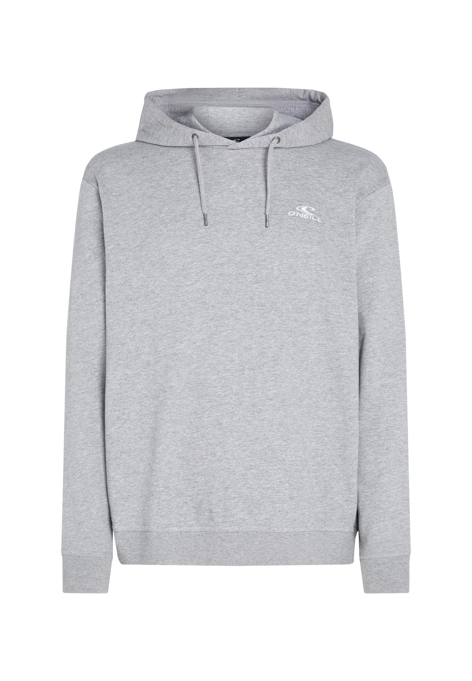 Grauer Kapuzenpullover aus weichem Stoff, mit verstellbarem Kapuzenzug, langen Ärmeln und einem kleinen weißen Logo auf der Brust. Schlichtes, lässiges Design.