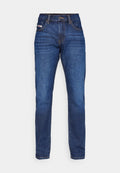 Dunkelblaue Denim-Jeans mit geradem Bein, ausgestattet mit einem Knopfverschluss, fünf Taschen und kontrastierender Naht. Keine sichtbaren Muster.