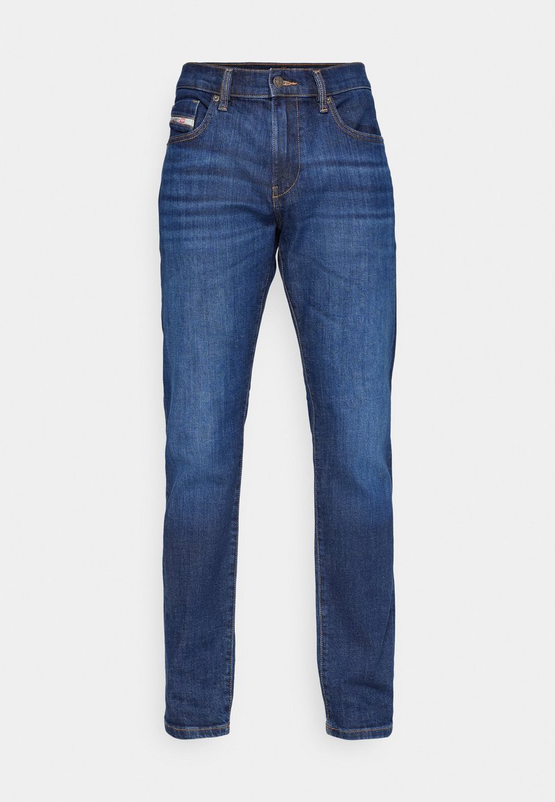 Dunkelblaue Denim-Jeans mit geradem Bein, ausgestattet mit einem Knopfverschluss, fünf Taschen und kontrastierender Naht. Keine sichtbaren Muster.