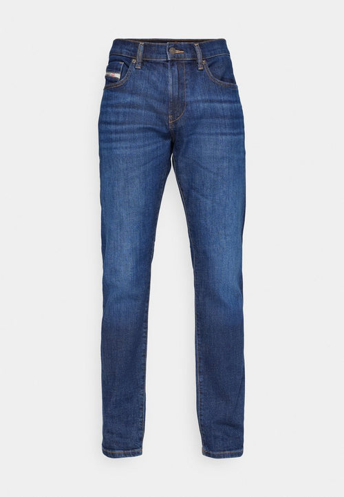 Dunkelblaue Denim-Jeans mit geradem Bein, ausgestattet mit einem Knopfverschluss, fünf Taschen und kontrastierender Naht. Keine sichtbaren Muster.