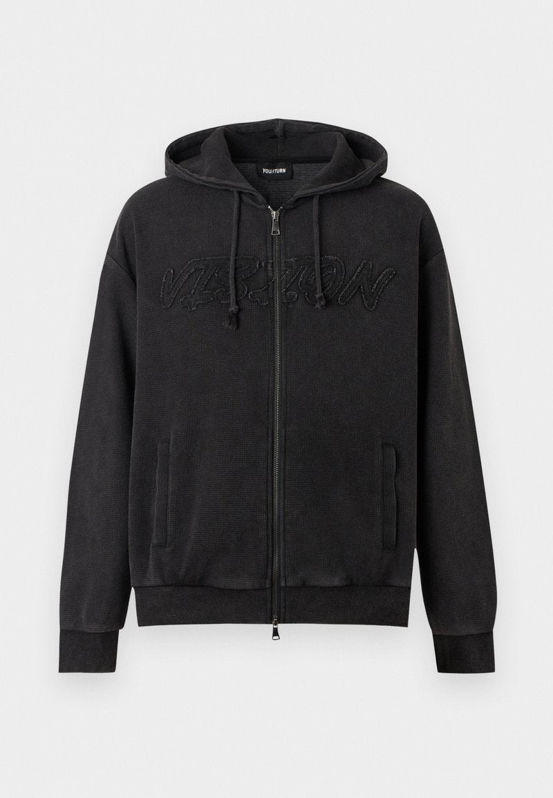 WAFFLE BOXY FIT ZIP-UP HOODIE Media 1