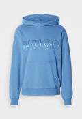 Blaues Kapuzensweatshirt mit einer Fronttasche und dem Wort "HUGO" in erhabenen, glänzenden Buchstaben über der Brust. Hergestellt aus weichem Stoff.
