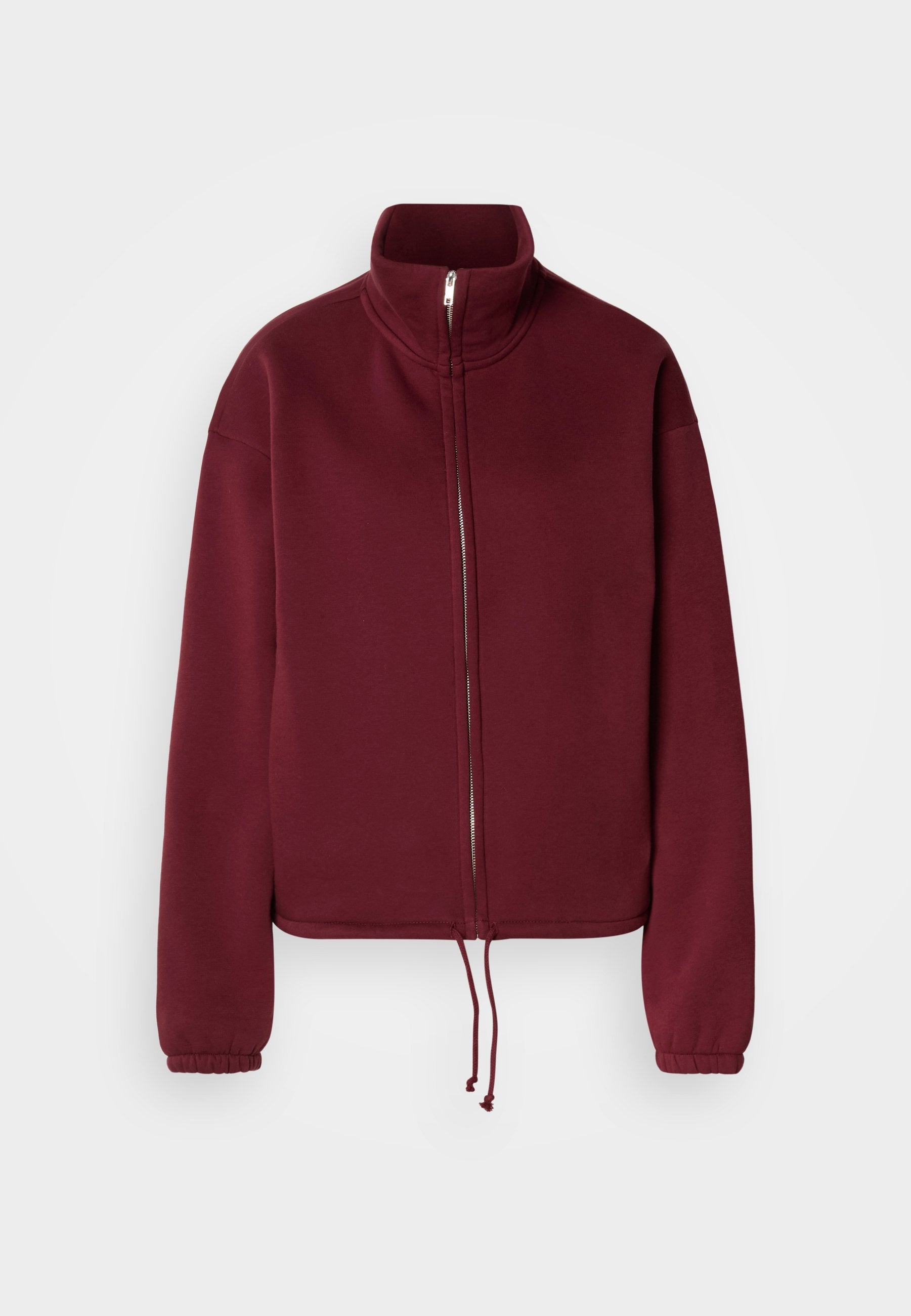 Bordeauxroter Kapuzenpullover mit Reißverschluss, hohem Kragen, langen Ärmeln und Kordelzugsaum. Verfügt über eine glatte Textur und elastische Bündchen.