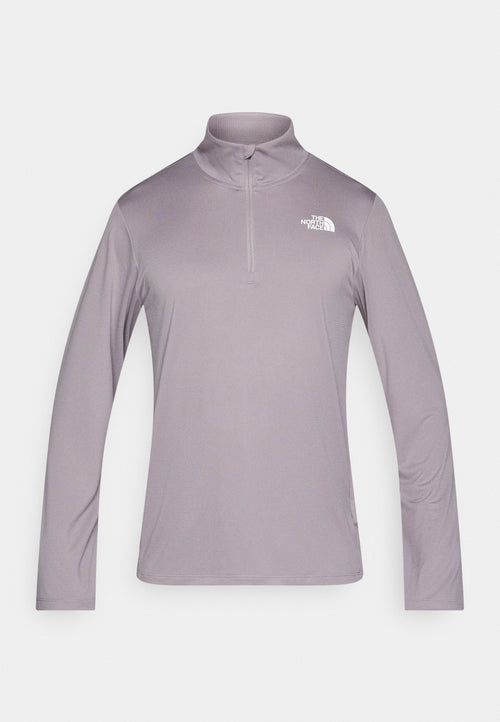 Lila Langarm-Pullover mit hohem Kragen und Reißverschluss vorne. Weicher, glatter Stoff mit kleinem weißem Logo auf der oberen linken Brust.