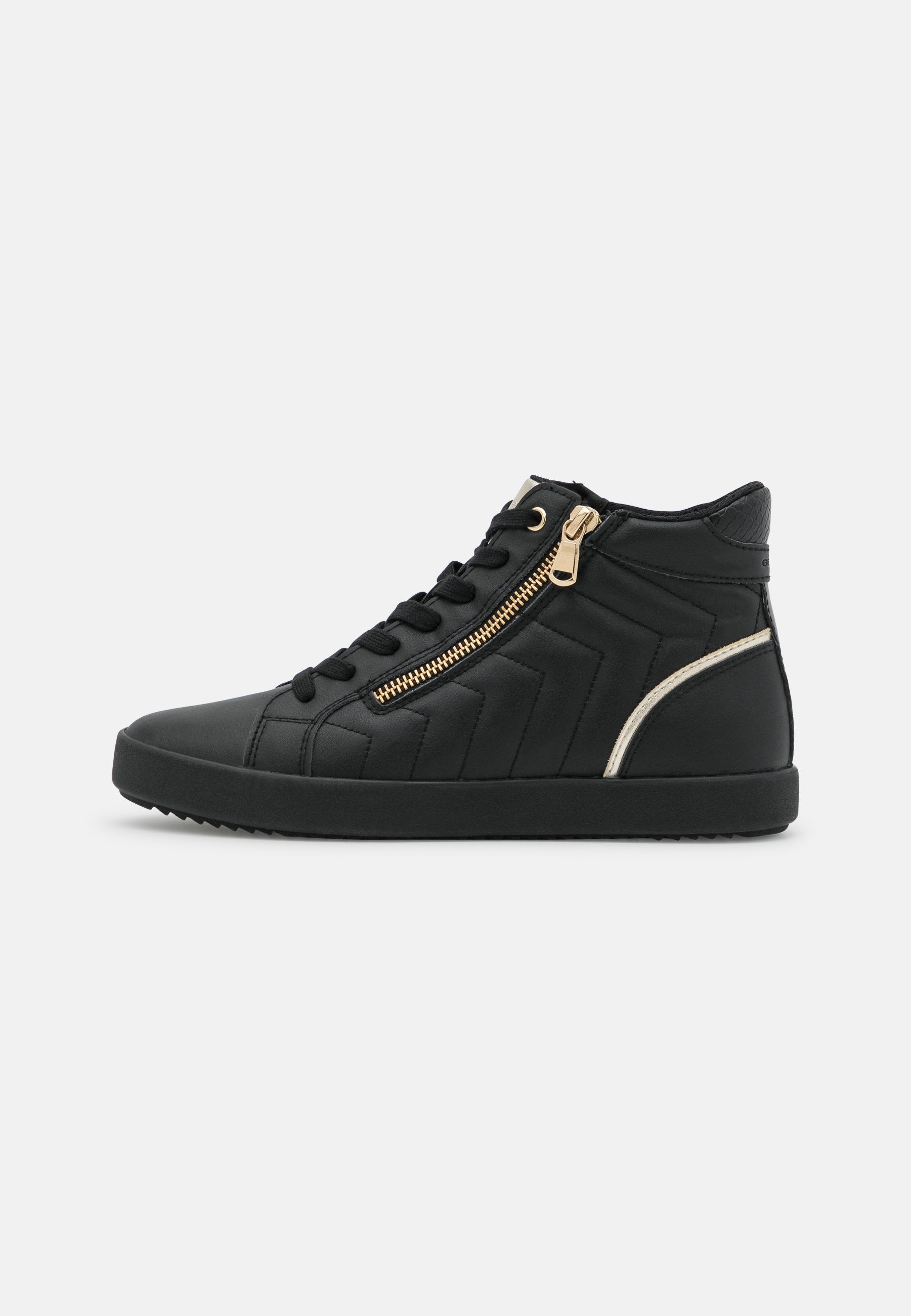 Schwarzes High-Top-Sneaker mit gestepptem Design. Verfügt über goldenen Reißverschluss-Akzent, strukturierten Rücken und Gummisohle. Schnürverschluss für eine optimale Passform.